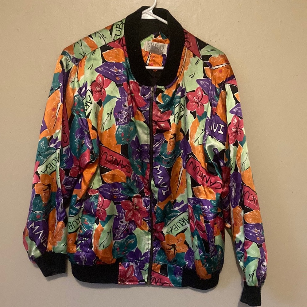 STEFANO Original 80's Vintage Satin Windbreaker Jacket - Tropical Multi - M EUC